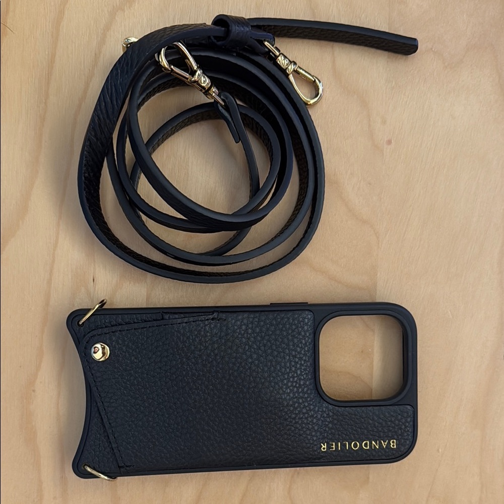 Bandolier Black Leather Crossbody Strap Phone Case with Gold Hardware